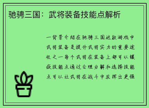 驰骋三国：武将装备技能点解析