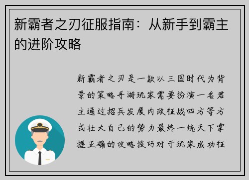 新霸者之刃征服指南：从新手到霸主的进阶攻略