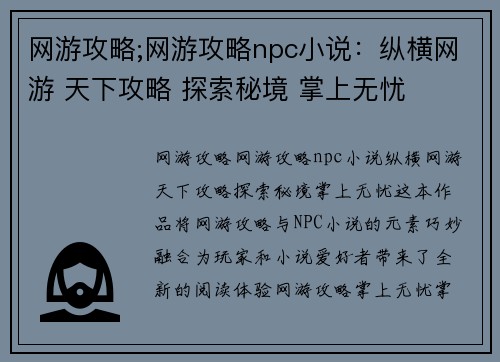 网游攻略;网游攻略npc小说：纵横网游 天下攻略 探索秘境 掌上无忧