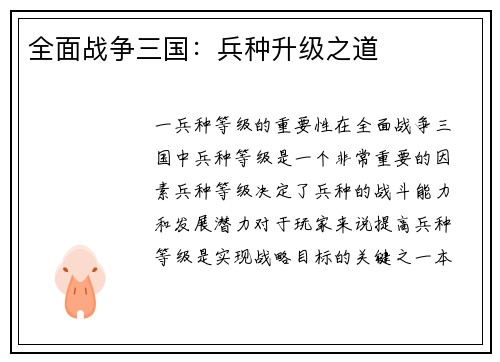 全面战争三国：兵种升级之道